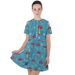 Whimsical Mushroom Pattern Short Sleeve Shoulder Cut Out Dress  by Drawde