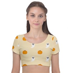 Pumpkin And Boo Crew Halloween  Velvet Short Sleeve Crop Top  by Safari