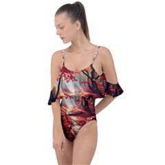 Forest Path Red Nature Drape Piece Swimsuit