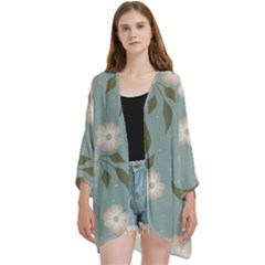 Flora Floral Flower Flowers Pattern Open Front 3/4 Sleeve Batwing Chiffon Cardigan Kimono by Apenda