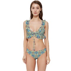 A Blue And Green Pattern On A Green Background Low Cut Ruffle Edge Bikini Set