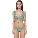 A Blue And Green Pattern On A Green Background Low Cut Ruffle Edge Bikini Set View1