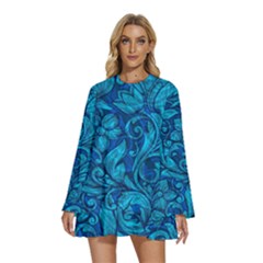 Blue Floral Pattern Texture, Floral Ornaments Texture, Blue Floral Background Round Neck Long Sleeve Bohemian Style Chiffon Mini Dress