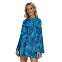 Blue Floral Pattern Texture, Floral Ornaments Texture, Blue Floral Background Round Neck Long Sleeve Bohemian Style Chiffon Mini Dress View2