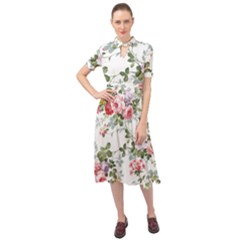 Floral Elements Peony Chinese Rose Keyhole Neckline Chiffon Dress