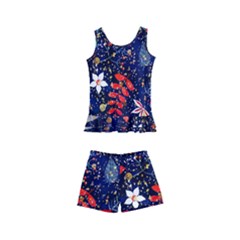 Festive Floral Pattern Christmas Blue Floral Flower Foliage Leaves Pattern Red Snow Winter Kids  Boyleg Swimsuit