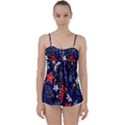 Festive Floral Pattern Christmas Blue Floral Flower Foliage Leaves Pattern Red Snow Winter Babydoll Tankini Top View1