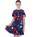 Festive Floral Pattern Christmas Blue Floral Flower Foliage Leaves Pattern Red Snow Winter Short Sleeve Shoulder Cut Out Dress  View1