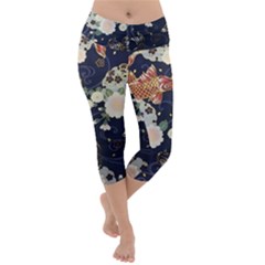 Japanese Wave Koi Illustration Pattern Lightweight Velour Capri Yoga Leggings by Ndabl3x