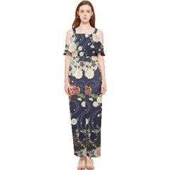 Japanese Wave Koi Illustration Pattern Draped Sleeveless Chiffon Jumpsuit