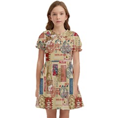 Letters Writing Paper Text Pattern Kids  Bow Tie Puff Sleeve Dress