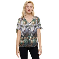 Epic Armored Cat Warrior Bow Sleeve Button Up Top