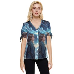 Enchanting Fantasy Night Sky Scene Bow Sleeve Button Up Top