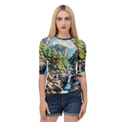 Serene Mountain Waterfall Landscape Quarter Sleeve Raglan T-shirt