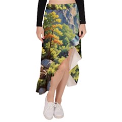 Serene Mountain Waterfall Landscape Asymmetrical Ruffle Hem Skirt 