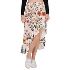 Flowers Design Floral Asymmetrical Ruffle Hem Skirt 