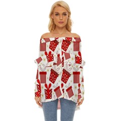 Christmas Texture, Pattern, Red, Craciun, Christmas, Bow, Gift Off Shoulder Chiffon Pocket Shirt