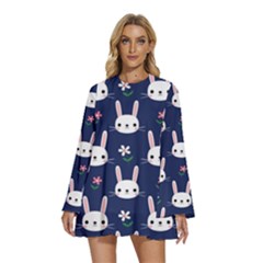 Cute Bunny Pattern, Easter, Koteto Round Neck Long Sleeve Bohemian Style Chiffon Mini Dress