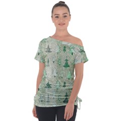 Green Christmas Trees, Cute, Doodle Off Shoulder Tie-up T-shirt