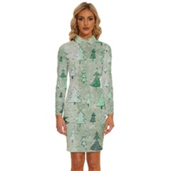 Green Christmas Trees, Cute, Doodle Long Sleeve Shirt Collar Bodycon Dress