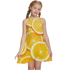 Oranges, Orange, Fruits Kids  Halter Collar Waist Tie Chiffon Dress