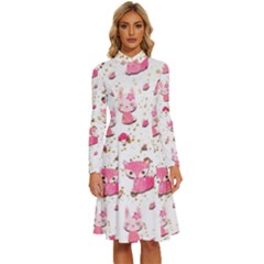 Pink Woodland Animals, Koteto Long Sleeve Shirt Collar A-line Dress