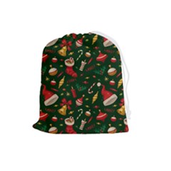 Texture, Pattern, Red, Craciun, Christmas, Hat, Santa, Green Drawstring Pouch (large)