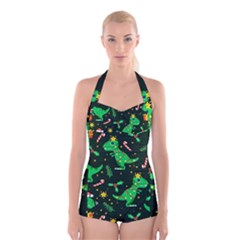 Christmas Funny Pattern Dinosaurs Boyleg Halter Swimsuit 