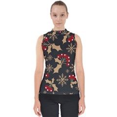 Christmas Pattern With Snowflakes Berries Mock Neck Shell Top