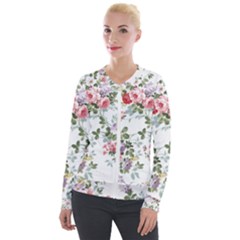 Floral Elements Peony Chinese Rose Velvet Zip Up Jacket