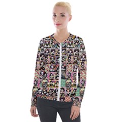 Spanish Gothic Girls Pattern Velvet Zip Up Jacket