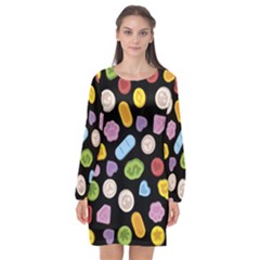 Ecstasy Pills Pattern Long Sleeve Chiffon Shift Dress 