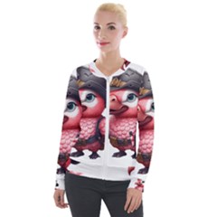 Kawaii Pink Parrot Pirate Velvet Zip Up Jacket