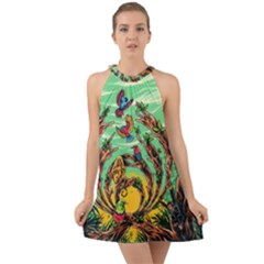 Monkey Tiger Bird Parrot Forest Jungle Style Halter Tie Back Chiffon Dress