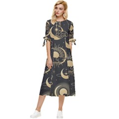 Asian Seamless Pattern With Clouds Moon Sun Stars Vector Collection Oriental Chinese Japanese Korean Bow Sleeve Chiffon Midi Dress