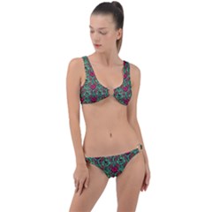 Retro 1880s Flowers Pattern 3 Ring Detail Crop Bikini Set