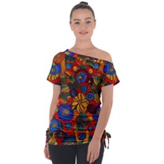 Mid Century Retro Floral 1970s 1960s Pattern 69 Off Shoulder Tie-up T-shirt