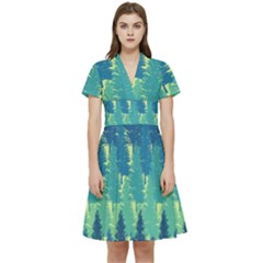 Christmas Trees Pattern Digital Paper Seamless Short Sleeve Waist Detail Dress