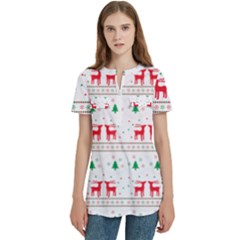 Red Green And Blue Christmas Themed Illustration Women s Zip Front V-neck Short Sleeve Casual Top Pocket Shirt