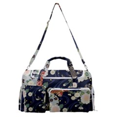 Japanese Wave Koi Illustration Pattern Sports Gym Duffle Bag With Shoe Compartment by Ndabl3x