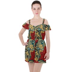 Pattern Shape Colorful Flower Leaves Ruffle Cut Out Chiffon Playsuit by Posterlux