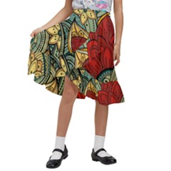 Pattern Shape Colorful Flower Leaves Kids  Ruffle Flared Wrap Midi Skirt by Posterlux