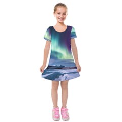 Northern Lights Aurora Night Nature Kids  Short Sleeve Velvet Dress by Posterlux