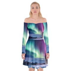 Northern Lights Aurora Night Nature Off Shoulder Skater Dress by Posterlux