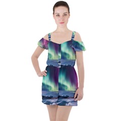 Northern Lights Aurora Night Nature Ruffle Cut Out Chiffon Playsuit by Posterlux