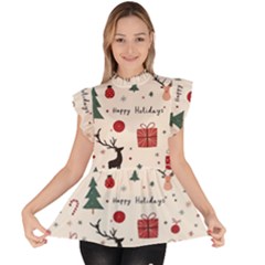 Happy Holiday Xmas Christmas Pattern Ruffle Collar Short Sleeve Chiffon Top by Paksenen