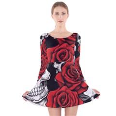 Roses And Skulls Long Sleeve Velvet Skater Dress by pollyparadiseartshop