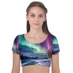 Northern Lights Aurora Night Nature Velvet Short Sleeve Crop Top  by Posterlux