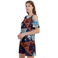 Fractal Triangle Geometric Abstract Pattern Women s Cold Shoulder Round Neck Mini Dress by Cemarart