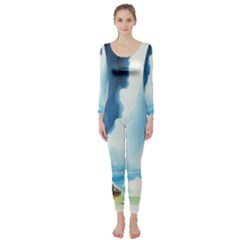 Delicate Watercolor Painting Surreal Oasis Scene With Intense Dramatic Lighting Long Sleeve Catsuit by pollyparadiseartshop